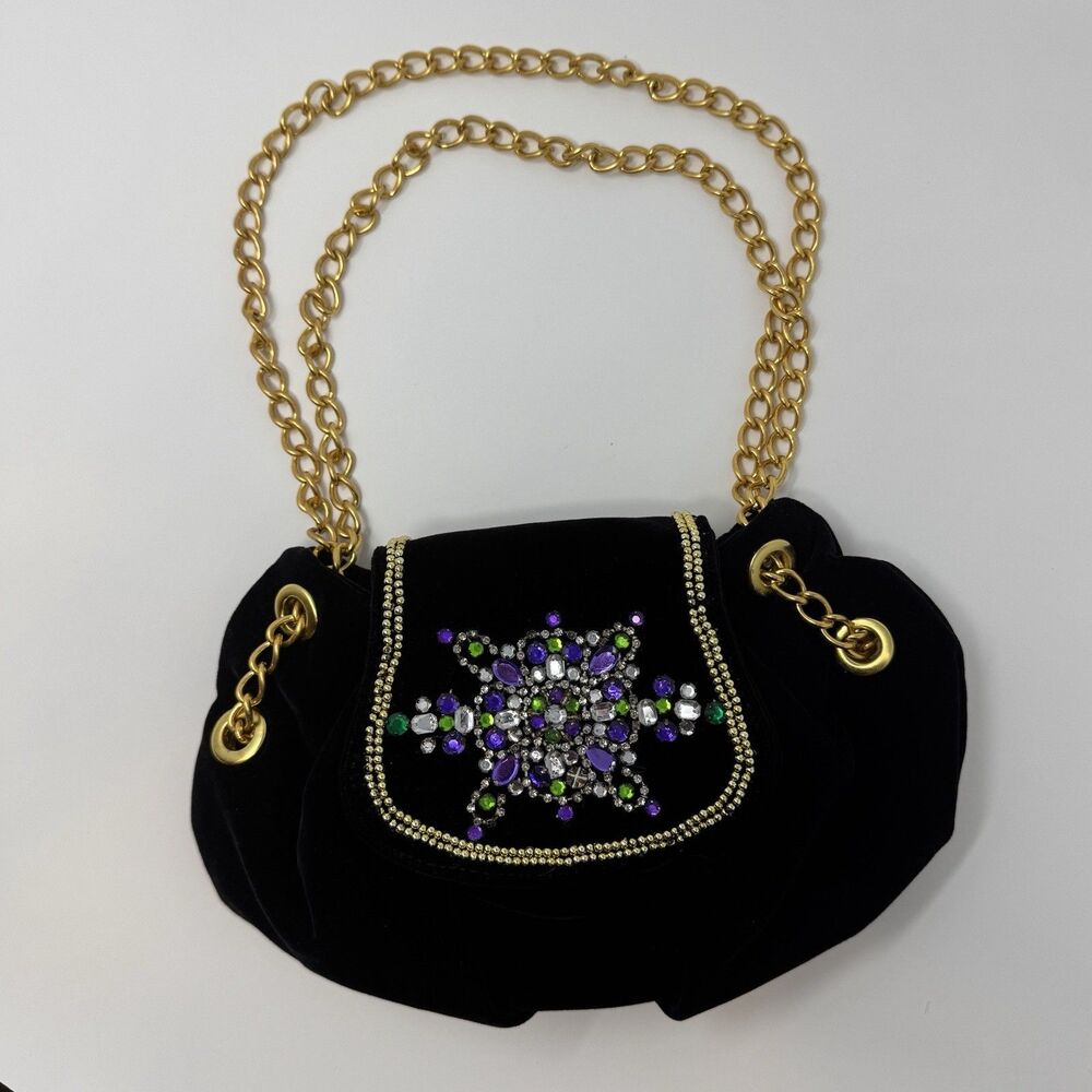 Paris Hilton Black Velvet Mini Handbag Purse Rhinestones Chains Y2K Glam Bling - Picture 3 of 14